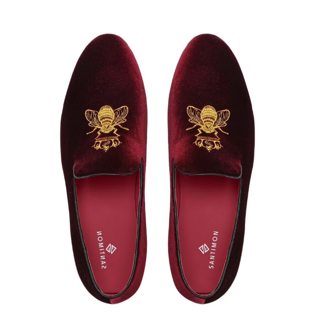 Santimon Men's US 6.5, 7.5‎ Red Velvet Loafers Gold Tone Embroidery Casual Shoes